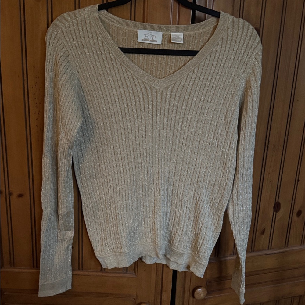 EP Pro Women's Sparkly Gold Ribbed V-Neck Sweater
